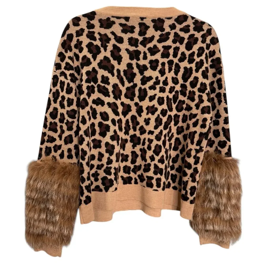 Alice + Olivia XS Sheila Fox Fur‎ Statement Sleeve Sweater Leopard Print Wool